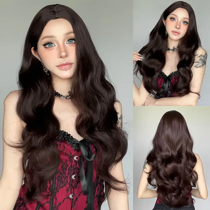Perruque synthétique noire avec coiffure longue ondulée séparée pour fête