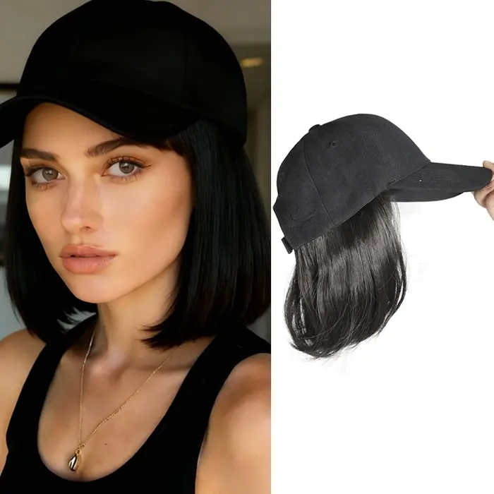 Perruque Bob synthétique, Extensions capillaires courtes et lisses avec chapeau de Baseball noir, ch