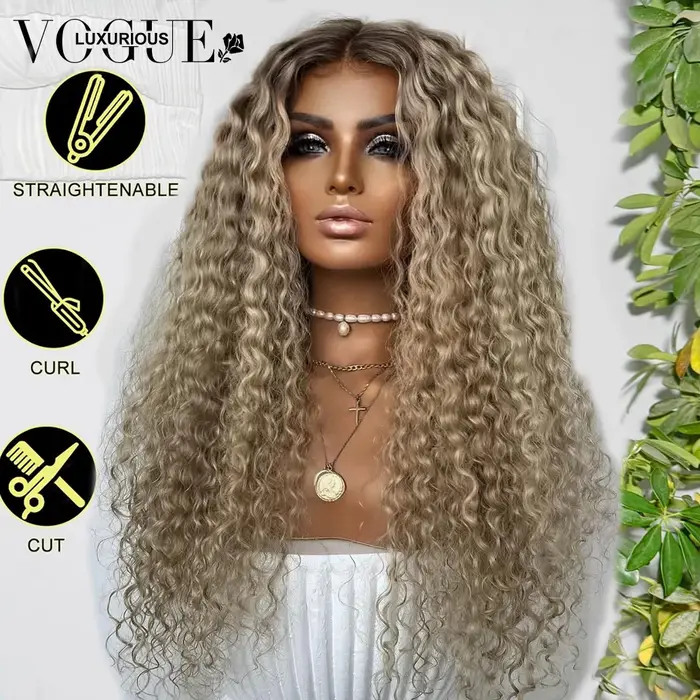 LUX VOGUE 260% frêne brume dorée crépus bouclés 100% perruque de cheveux vierges ombre de racine casquette respirante Construction 13x6 mise à niveau couleur nue