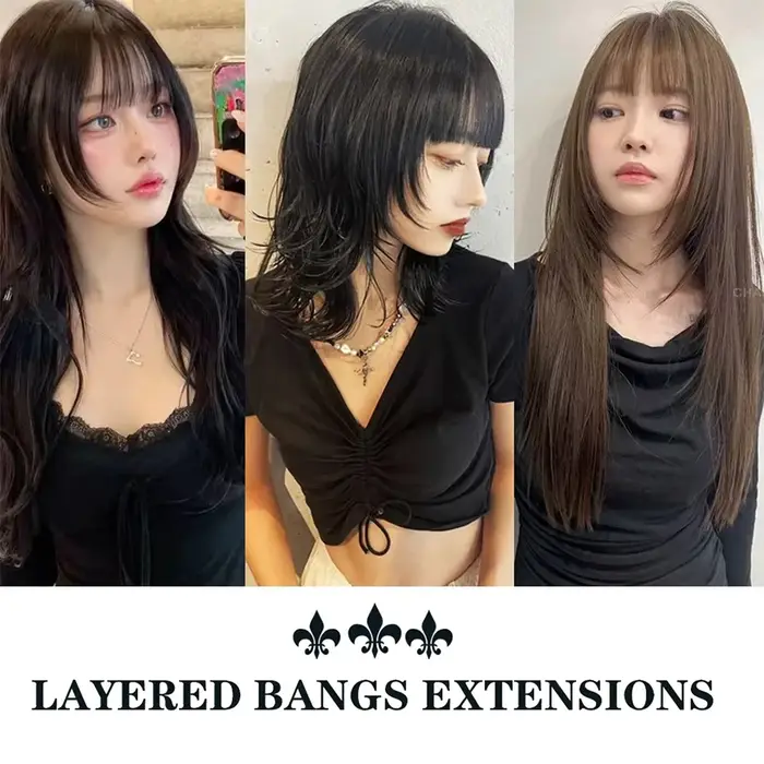 Extensions de cheveux synthétiques droites pour femmes avec frange superposée