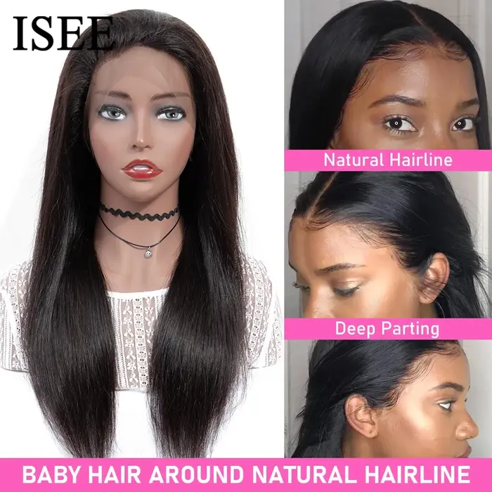 ISEE-Perruque Full Lace Front Wig naturelle lisse, cheveux humains, 13x6, pre-plucked, transparente,