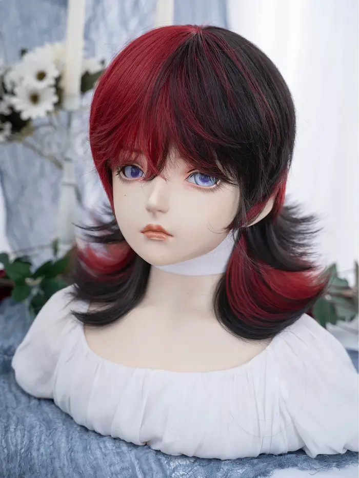 Belle perruque synthétique de couleur noire et rouge de 16 pouces avec frange