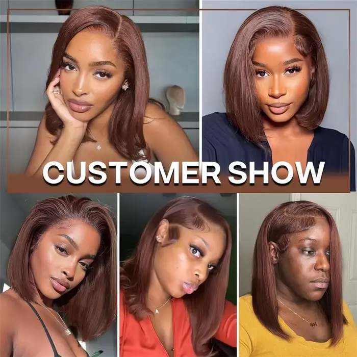 Perruque Lace Front 13x4 Bob Cheveux Humains Bruns Lisses Densité 180% Perruques Frontales en Dentelle Transparente Perr