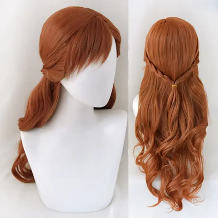 Anna Cosplay perruque princesse tressé longue marron ondulé résistant à la chaleur cheveux synthétiq