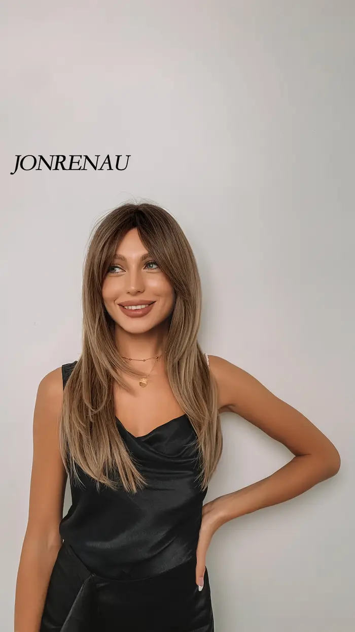 JONRENAU cheveux longs raides avec frange Ombre noir foncé brun à blond perruques synthétiques pour les femmes fête quotidien Cosplay utilisation perruque