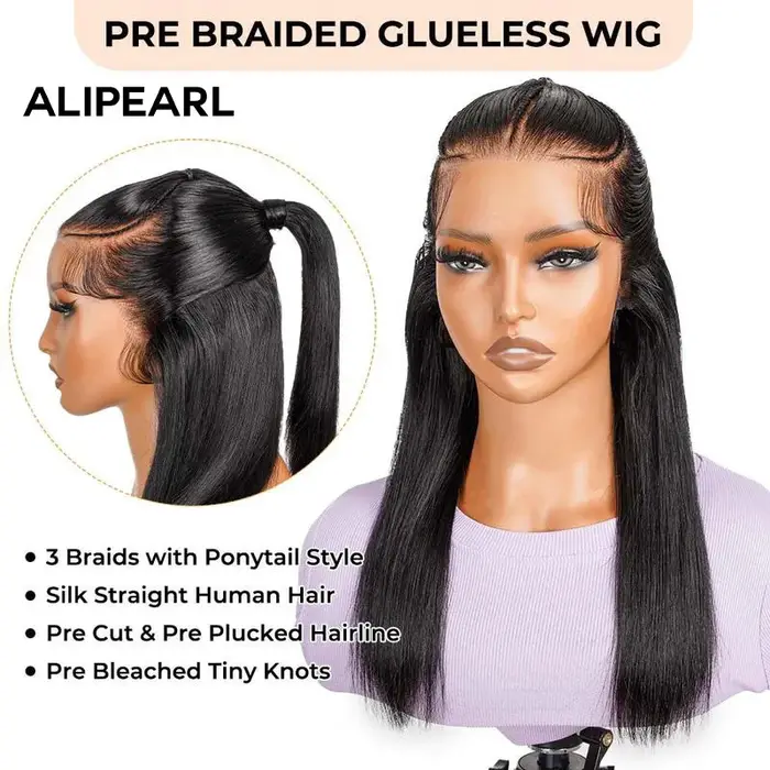 Alipearl-Perruque en dentelle pré-tressée, perruque pré-coupée, cheveux demi-haut et queue de cheval