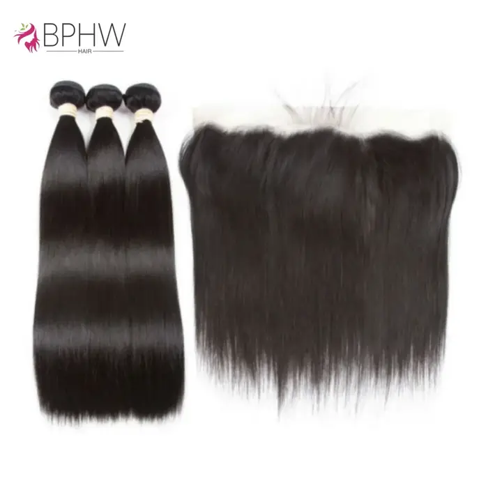 Cheveux Humains Lisses 3 Paquets avec Fermeture Frontale en Dentelle HD Transparente 13x4 4x4, Paque