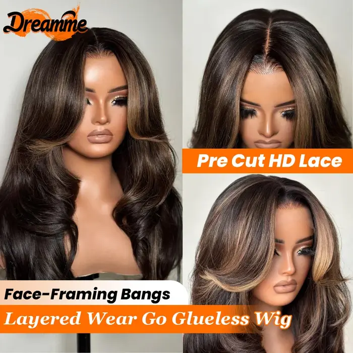 Perruques en cheveux humains sans colle 7x5 HD Lace, mèches brunes pré-coupées, prêtes à porter, 4x4