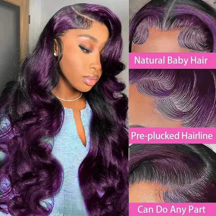 Perruques Lace Front Ombré Violet 13x4 à Rayures, Cheveux Humains Ondulés, Mèches Violet Foncé, Perr