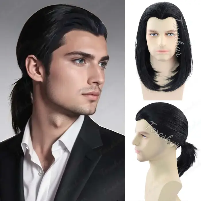 Perruque synthétique courte et lisse noire pour hommes