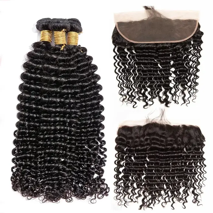 Extensions de cheveux humains bouclés birmans avec frontal