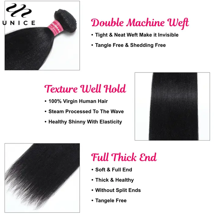 Unice Hair Yaki droit 3 paquets traiter couleur naturelle 100% paquets de cheveux humains coudre en