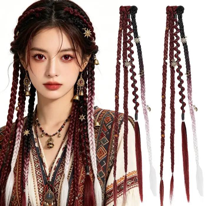 Extensions de cheveux tressées synthétiques style bohème ombré bordeaux avec mèches viking bohèmes pour femmes