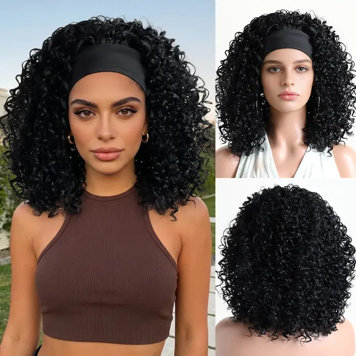Perruque bandeau 16 pouces pour femme, sans colle, afro bouclée, synthétique, avec bandeau réglable,