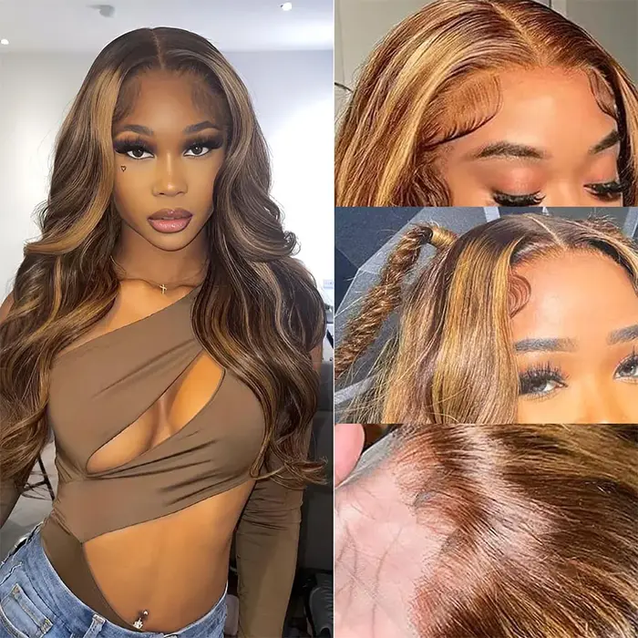 Perruque brésilienne de cheveux humains colorés pour femmes, vague profonde en surbrillance, dentell