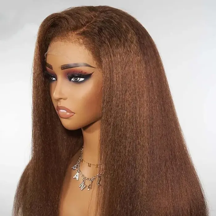 Perruque Lace Front Wig Yaki lisse et crépue sans colle, brune naturelle, douce, longue, 28 pouces, 
