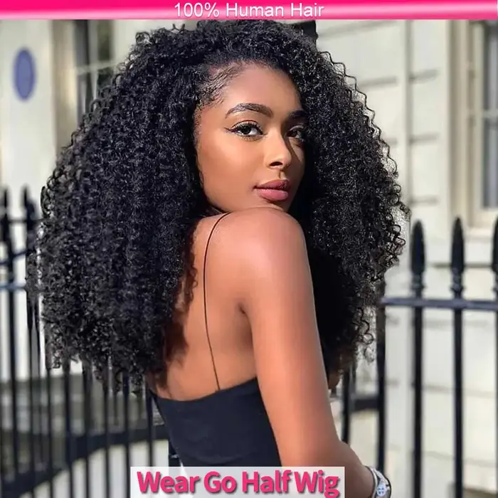 Demi-perruque cheveux humains crépus bouclés 3 en 1 perruque de cheveux humains sans couture rabat s