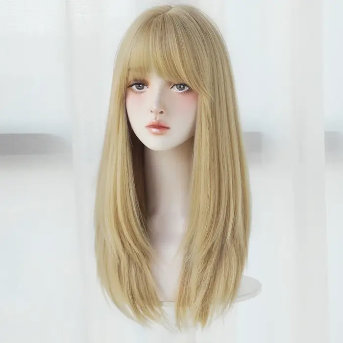Perruques blondes en couches droites avec frange soignée, faux cheveux naturels synthétiques haute d
