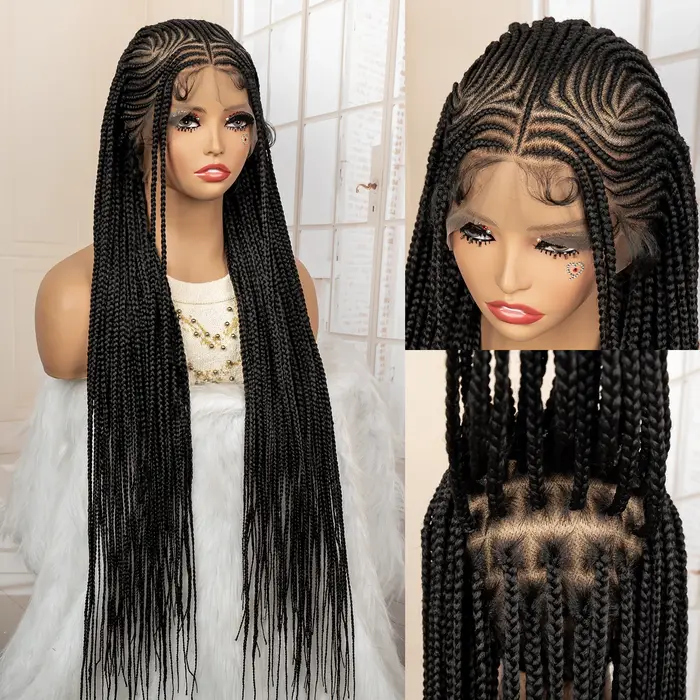 Perruques de cheveux tressés africains synthétiques pleine dentelle Cornrow sans noeuds boîte tressa