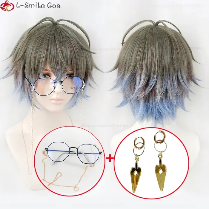 Haute qualité VTuber NIJISANJI Luxiem Ike Eveland Cosplay perruque gris brun dégradé bleu clair résistant à la chaleur synthétique cheveux perruques