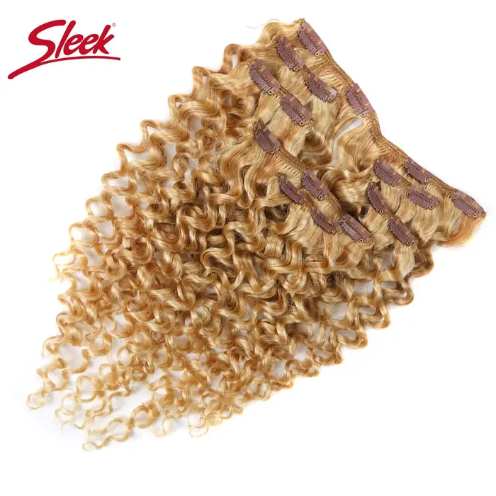 Sleek Hair-Extensions de Cheveux Humains à Clips, Brésilien, Bouclé, caution, Blond Miel, # P27/613,