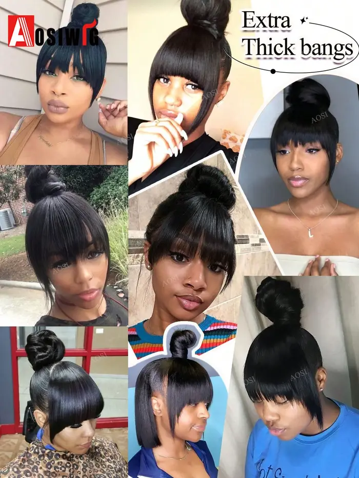 Extensions de cheveux synthétiques Yaki lisses avec frange épaisse pour femmes
