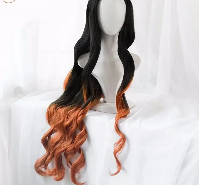 Halloween Kamado Nezuko Cosplay perruque 95 cm de Long bouclés noir Orange marron dégradé Ombre chev