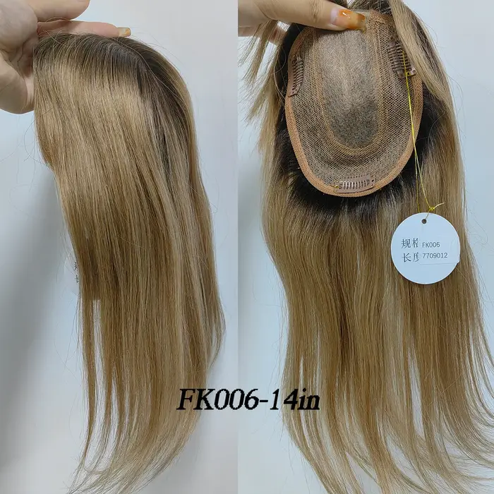 100% Remy cheveux humains Toppers avec frange 14 pouces brun ombré pièces de cheveux humains pour le