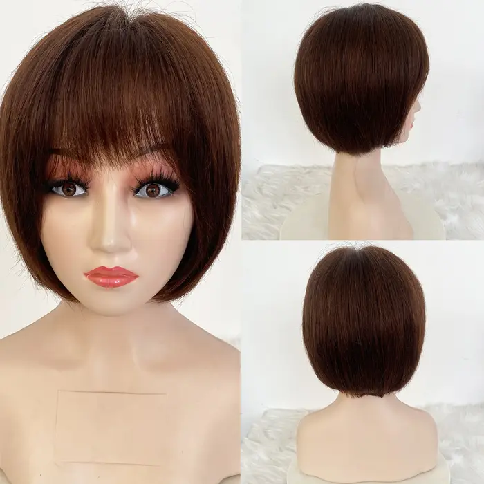 Perruque Full Lace Wig naturelle courte, cheveux humains, coupe Pixies, brun foncé, avec frange aéri