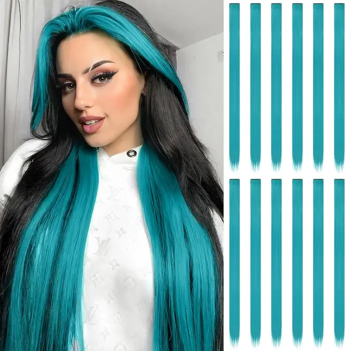 12 pièces Extensions de cheveux bleu sarcelle à clips