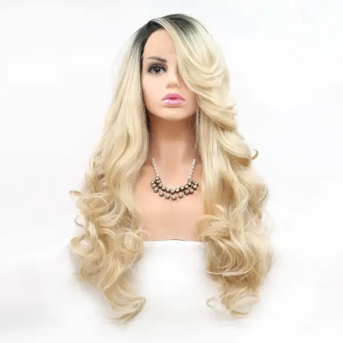 Mbre Blonde dentelle avant perruques longue corps ondulé mixte platine Blonde synthétique dentelle a