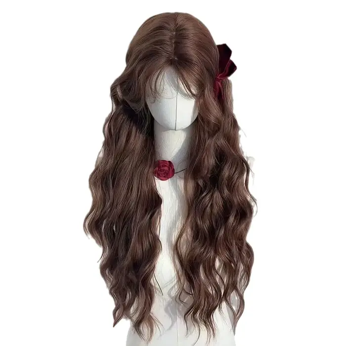 Perruque femme automne châtain marron laine rouleau paresseux tempérament longs cheveux bouclés simulation couverture complète de la tête