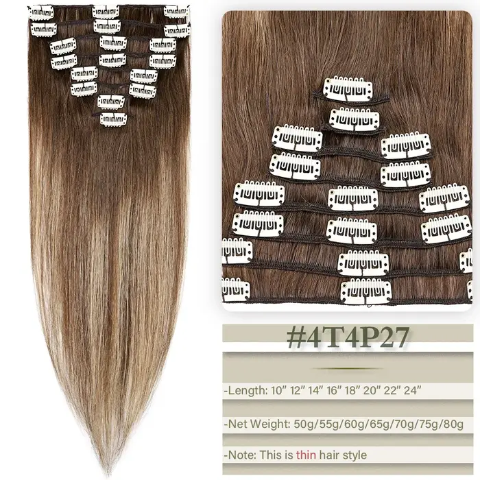 TESS-Extensions de Cheveux Naturels Lisses à réinitialisation, Postiche, Tête Complète, Surbrillance Fine, 50-80g, 8 Pièces/Ensemble