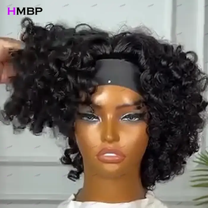 Perruques bandeau bouclées et volumineuses 100% cheveux humains, prêtes à porter, densité 400, 10-18 pouces, entièrement faites à la machine pour femmes noires, pré-épilées