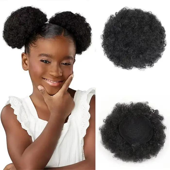Chignon Afro court en cheveux humains, postiche pour femmes et enfants, perruque queue de cheval à cordon, extensions bouclées crépues à clipser