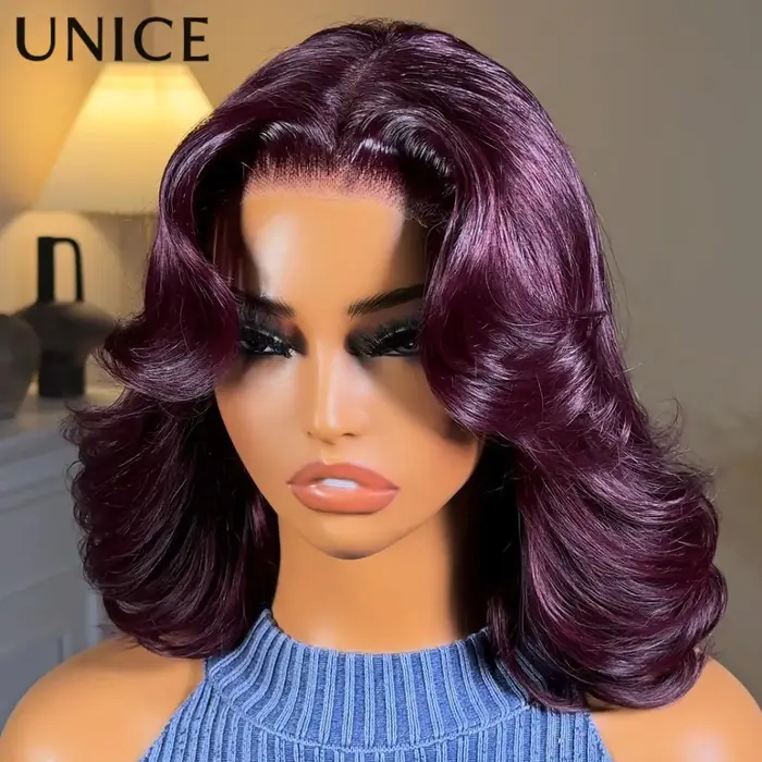Perruque Bob ondulée UNice 7x5 Lace No-Slip Cap Black Cherry avec couches encadrant le visage, sans
