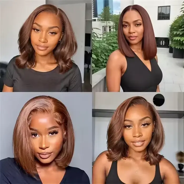 Perruques Bob Courtes Lisses Marron Chocolat 13x4 en Cheveux Humains avec Dentelle Frontale Transpar