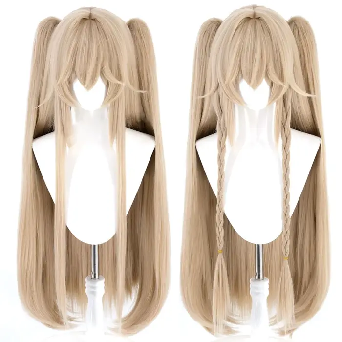 Perruque longue et droite blonde pour cosplay d'anime avec double queue de cheval