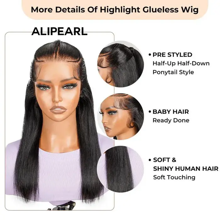 Alipearl-Perruque en dentelle pré-tressée, perruque pré-coupée, cheveux demi-haut et queue de cheval