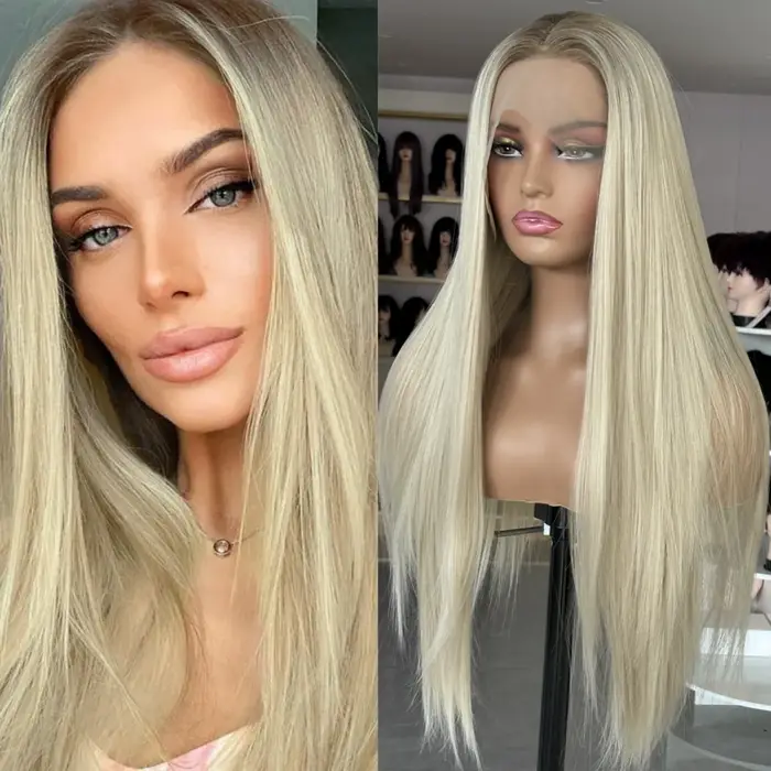 Perruque synthétique lisse longue blonde ombrée pour femmes, perruque en Fiber résistante à la chale