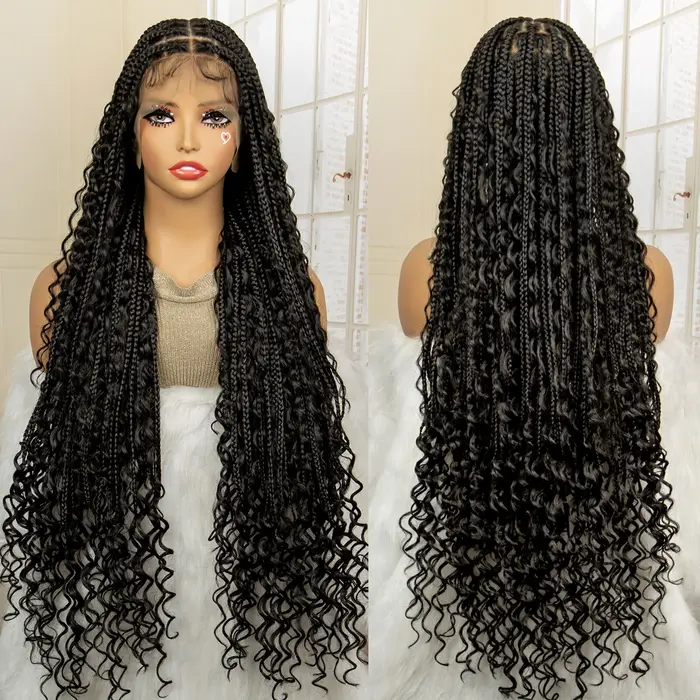 Perruques tressées Boho longues de 36 pouces avec cheveux de bébé, perruque synthétique pleine dente