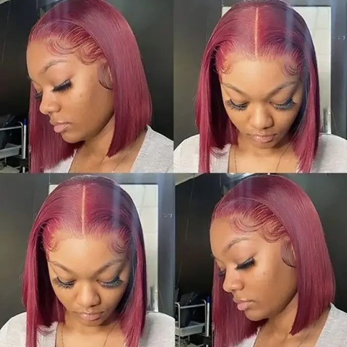 Perruque courte bob transparente HD bordeaux 99J en cheveux humains, avec mèches lisses brésiliennes, perruque frontale en dentelle 13x6x2 pré-épilée pour femmes