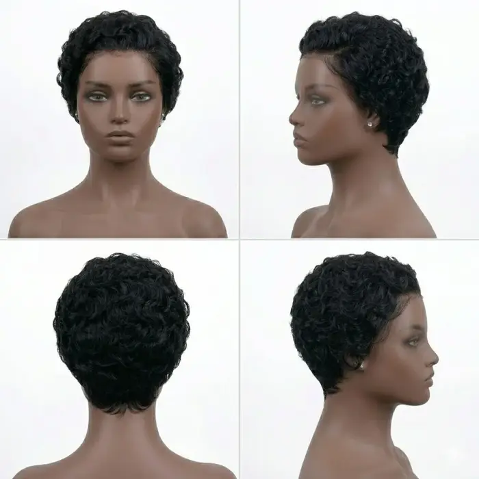 Perruque synthétique noire naturelle coupe pixie