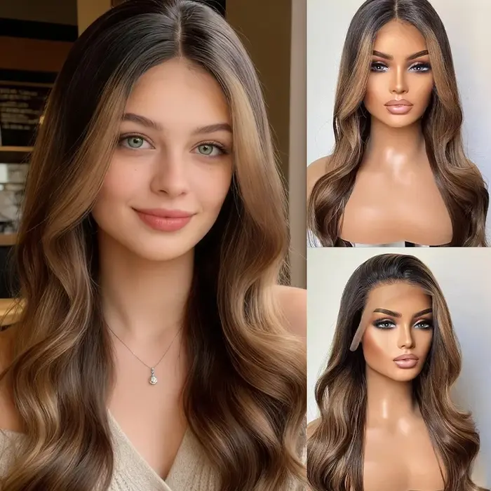 Perruque synthétique longue ondulée ombrée brun cendré blond en fibre Futura