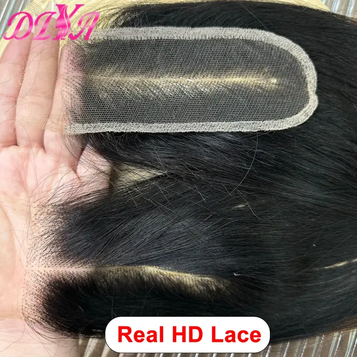 Perruque Lace Closure Wig Naturelle Brésilienne, Cheveux Lisses, Double Proximité, HD, 1BT4, 16A, 2x