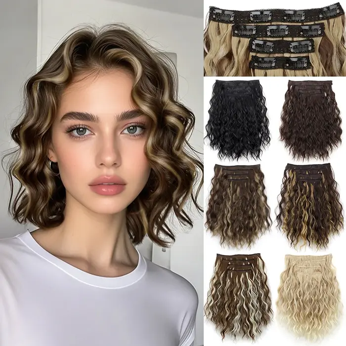 4 pièces/ensemble pince synthétique dans les Extensions de cheveux courte ondulation d'eau morceaux