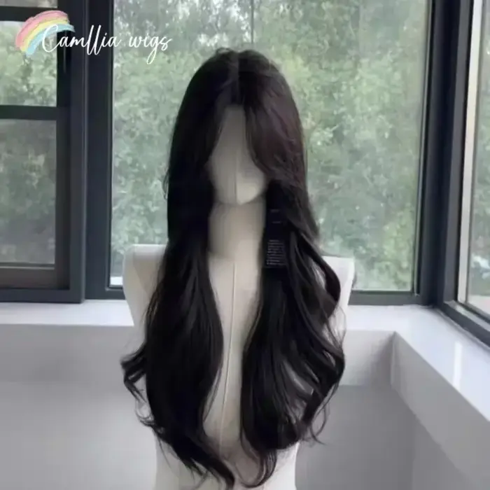 Perruque noire longue ondulée cheveux naturels perruques synthétiques pour femmes 24 pouces haute qualité résistance à