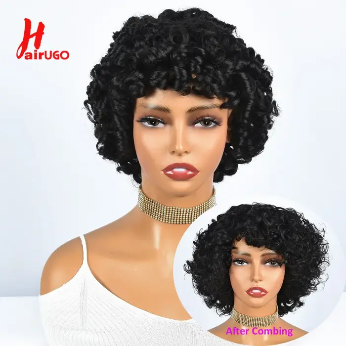 Hairugo-Perruque de Cheveux Humains Bouclés Coupe Pixie à Reflets