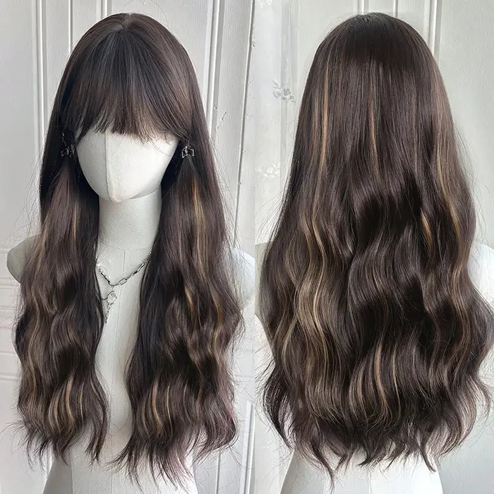 OLACARE naturel Blonde jaune longs ondulés perruques de cheveux synthétiques avec frange femmes vagu