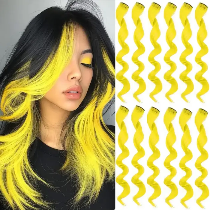 6 Pièces Extensions de Cheveux Noirs 22 Pouces Bouclées Ondulées Colorées à Clipser pour Enfants Fil